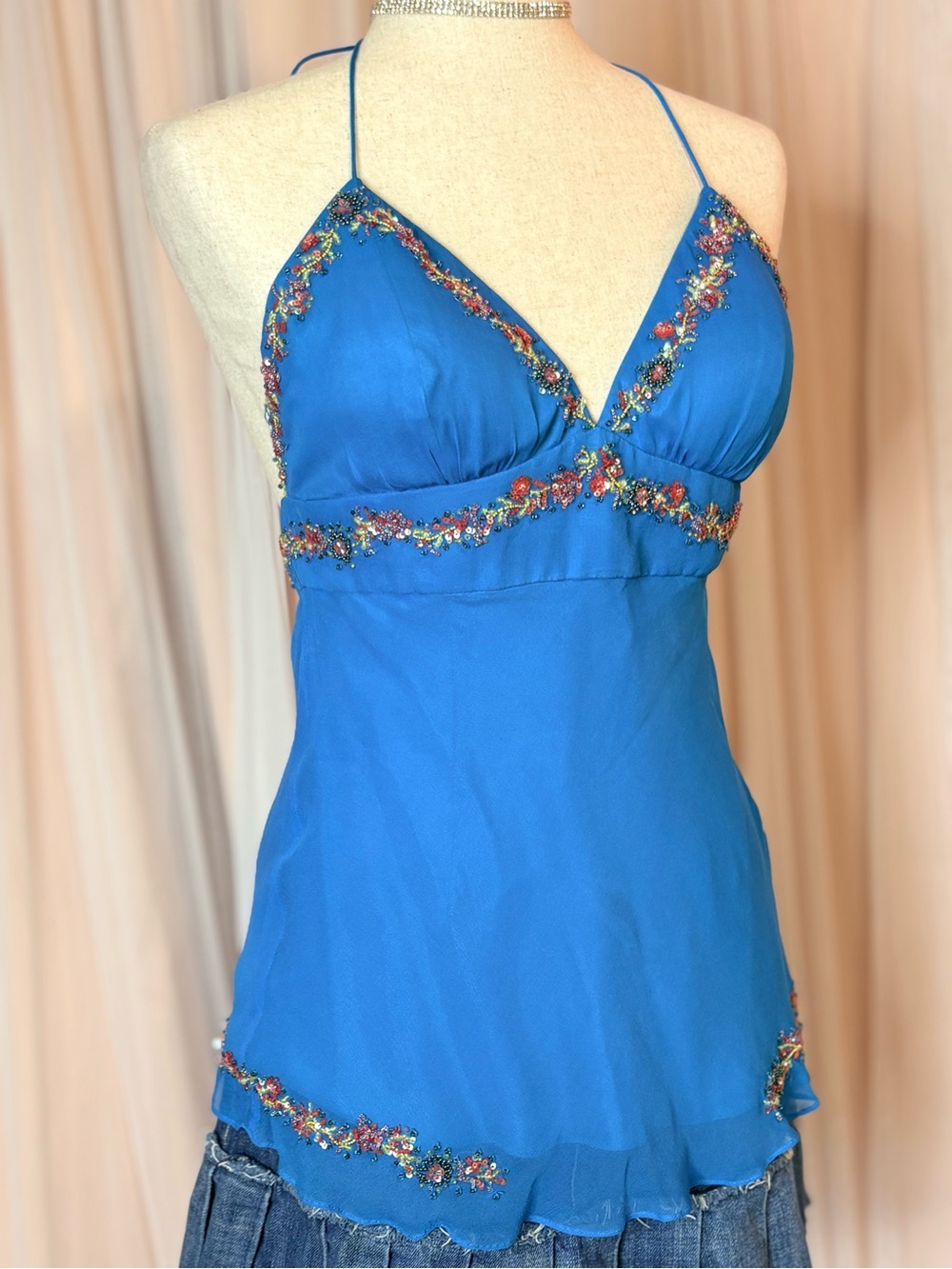 Caché 100% Silk Beaded Cami Tank Top Blue Y2K Fairy Boho Embellished Size 8 - Picture 4 of 14